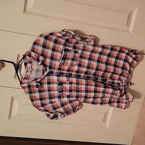 Light red, white, and blue, short sleeve button down shirt. Eden & Olivia